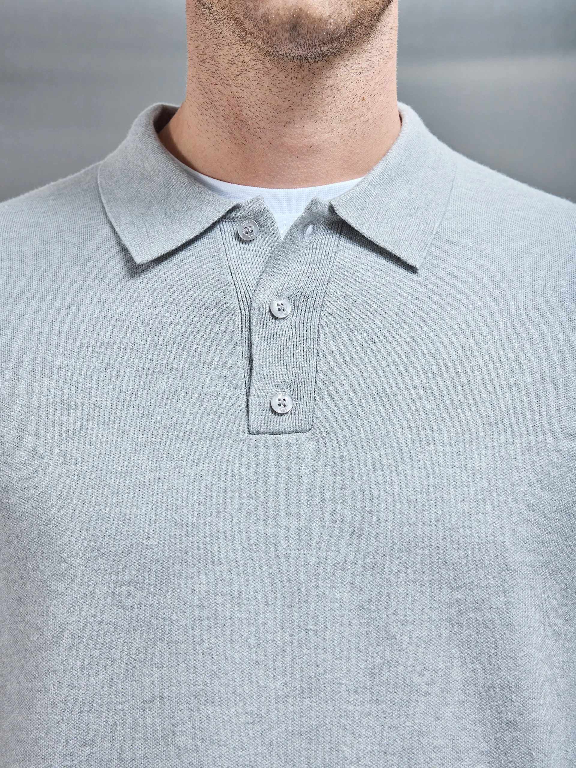 Chunky Knitted Polo Shirt in Marl Grey