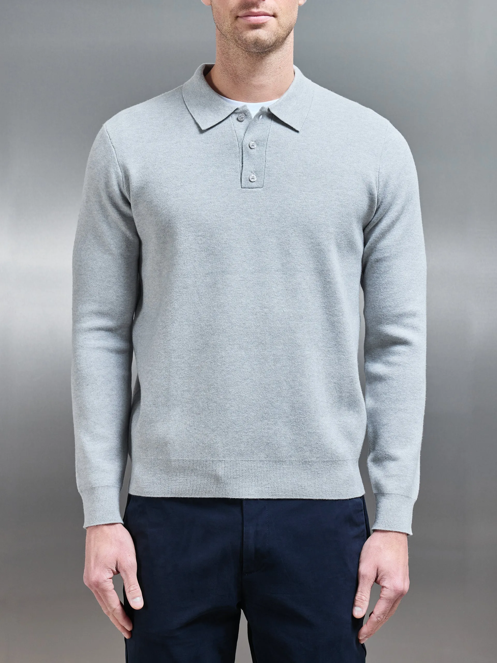 Chunky Knitted Polo Shirt in Marl Grey