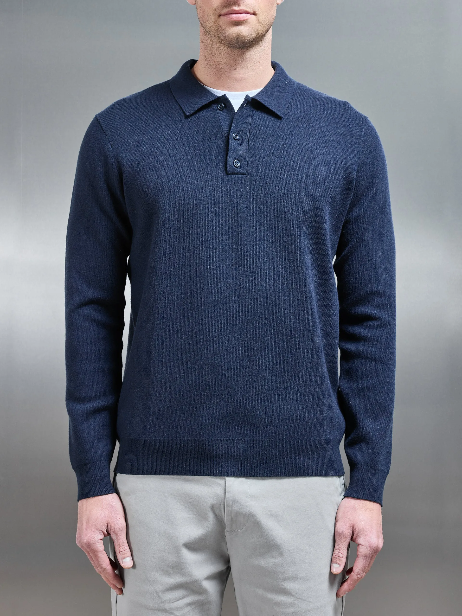 Chunky Knitted Polo Shirt in Navy