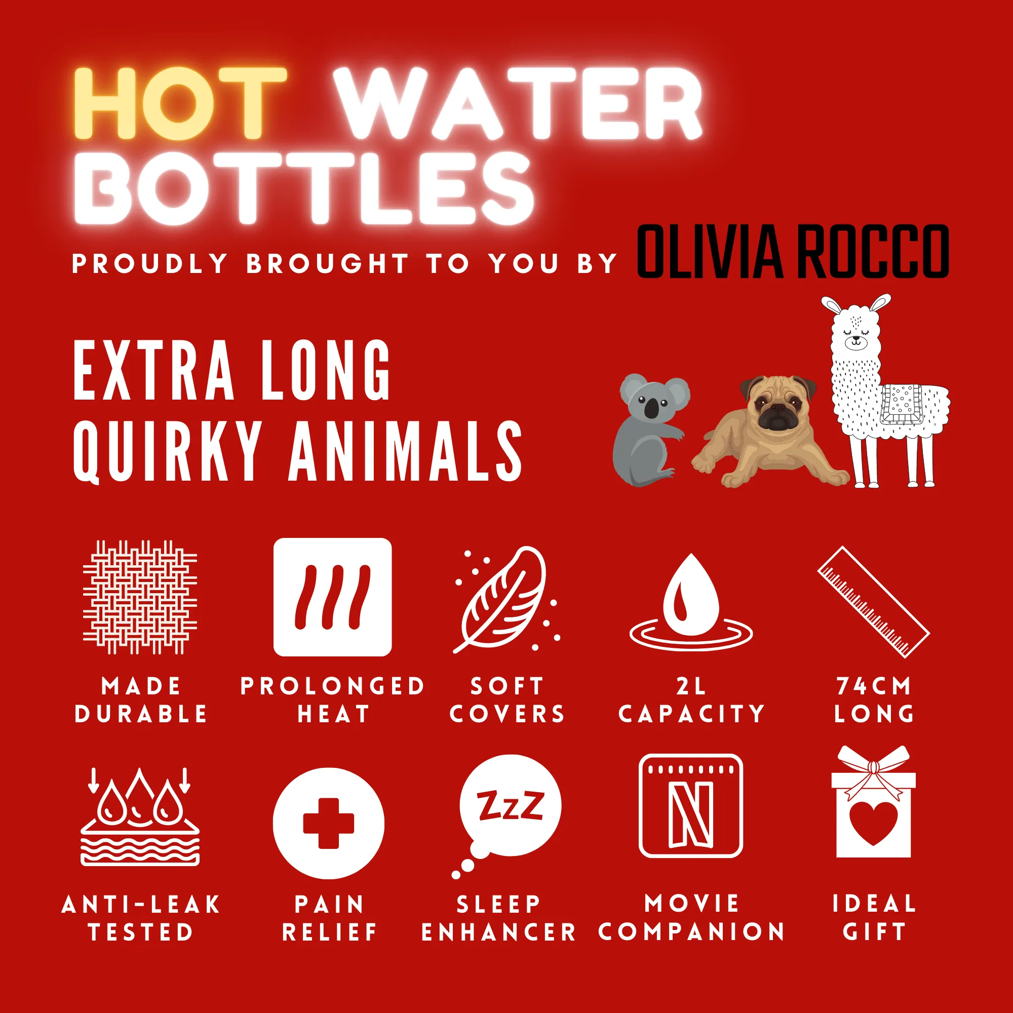 Extra Long 2L Hot Water Bottle with Plush Faux Fur Cover Durable Rubber for Muscle Pain Relief and Cosy Nights by OLIVIA ROCCO