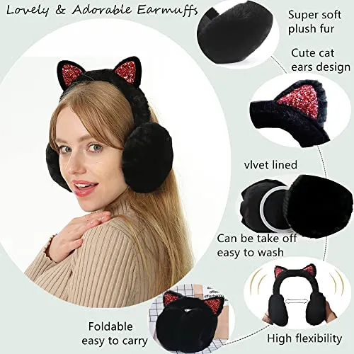 Eyegla Winter Ear Muffs for Women Fleece Ear Warmers Faux Fur Warm Cat Ear Earmuffs Foldable Outdoor Winter Ear Cover for Girls,Black