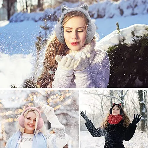 Eyegla Winter Ear Muffs for Women Fleece Ear Warmers Faux Fur Warm Cat Ear Earmuffs Foldable Outdoor Winter Ear Cover for Girls,Black