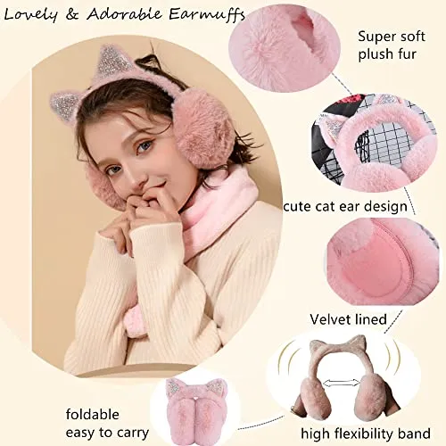 Eyegla Winter Ear Muffs for Women Fleece Ear Warmers Faux Fur Warm Cat Ear Earmuffs Foldable Outdoor Winter Ear Cover for Girls,Pink