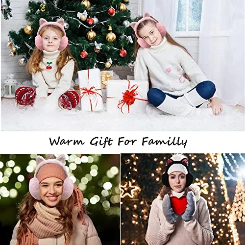 Eyegla Winter Ear Muffs for Women Fleece Ear Warmers Faux Fur Warm Cat Ear Earmuffs Foldable Outdoor Winter Ear Cover for Girls,Pink