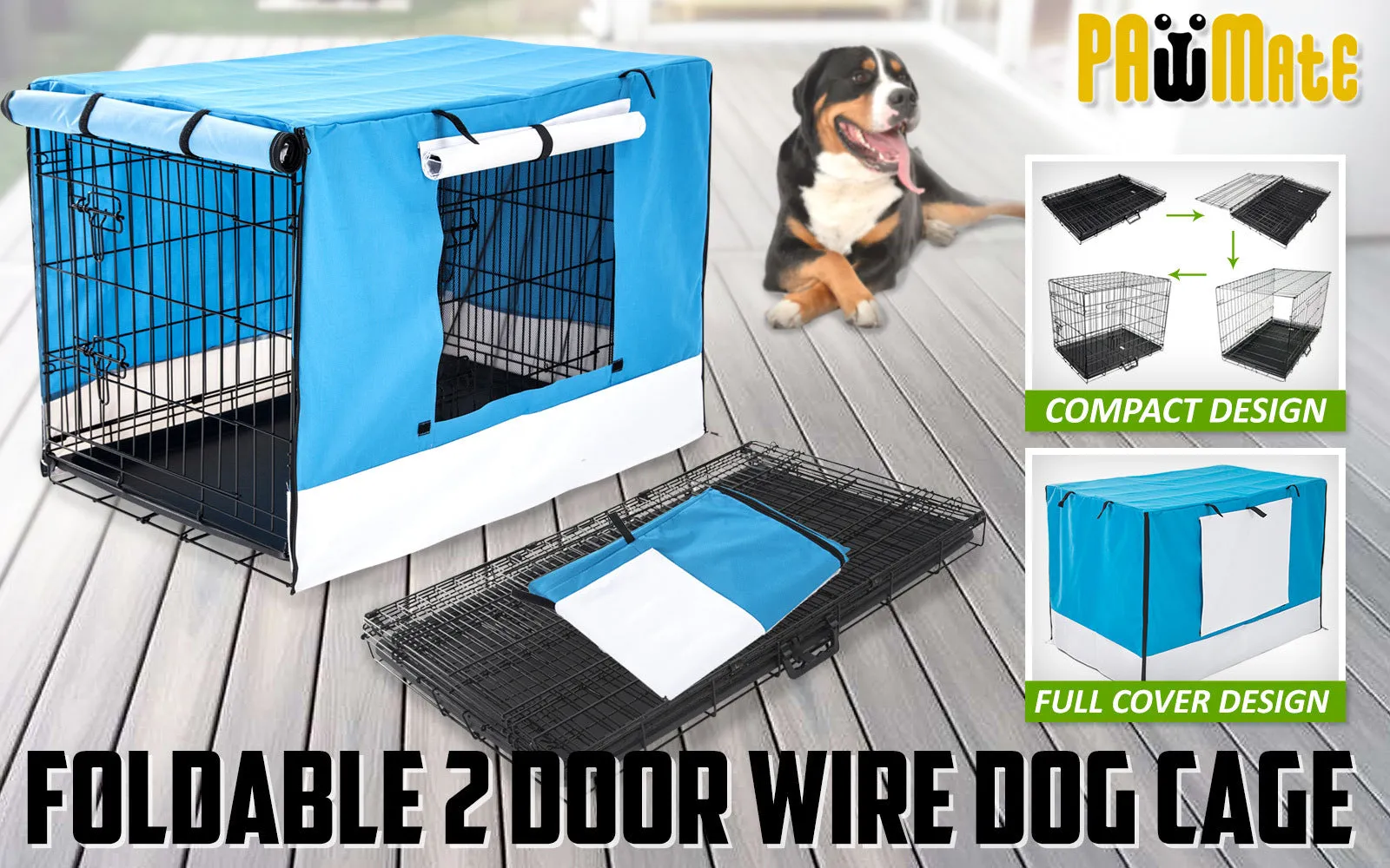 Foldable Wire Dog Crate with Cover, Double Doors, 30in - Paw Mate
