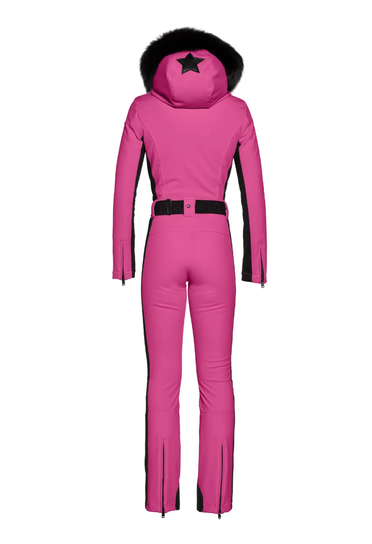 Goldbergh Parry One Piece Longer Length Ski Suit in Pony Pink with Fur Hood