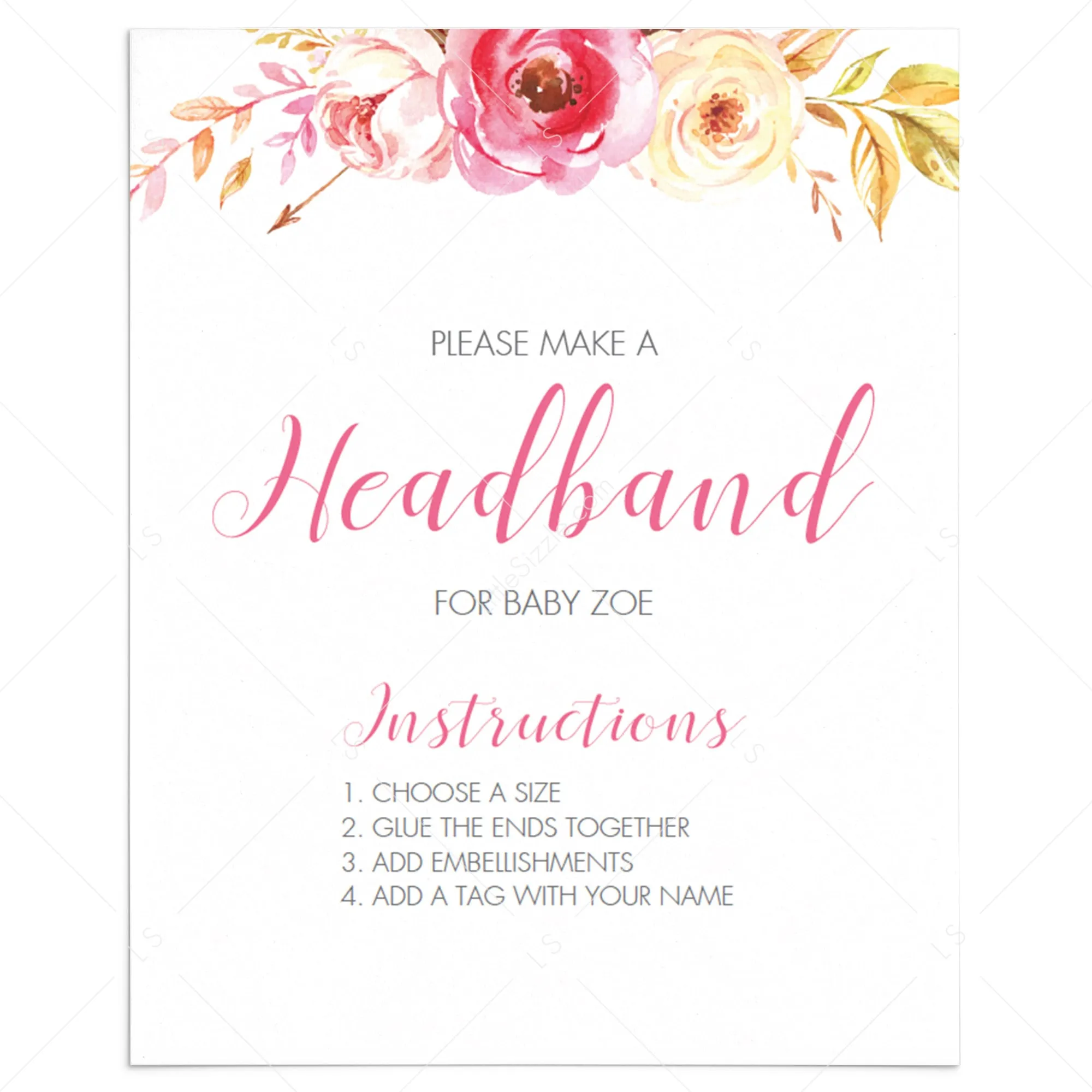 Headband For Baby Sign Floral Baby Shower Template