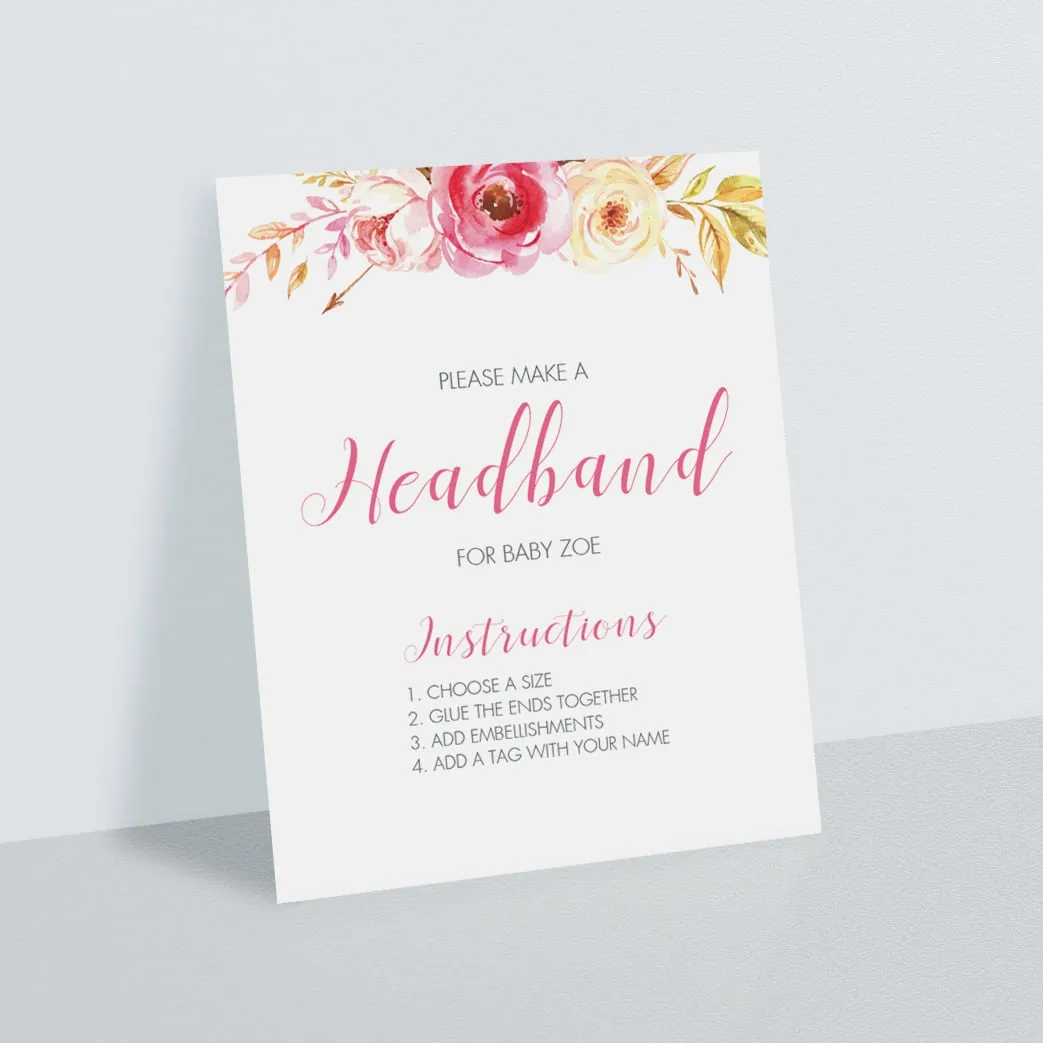 Headband For Baby Sign Floral Baby Shower Template