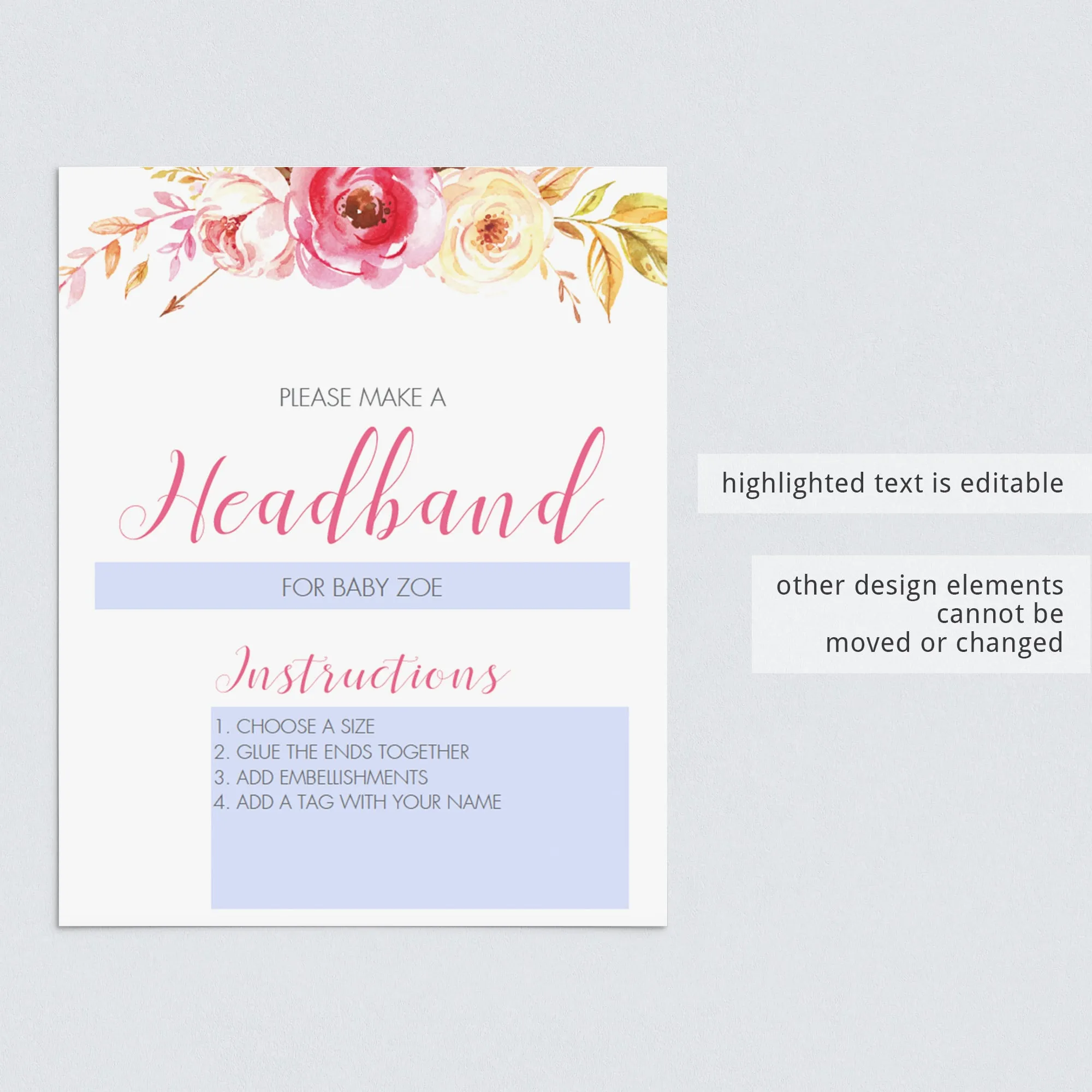 Headband For Baby Sign Floral Baby Shower Template