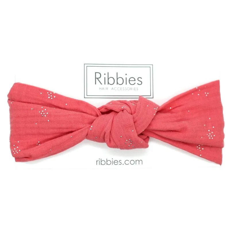 Knot Headband - Double Gauze - Coral - Silver Dots
