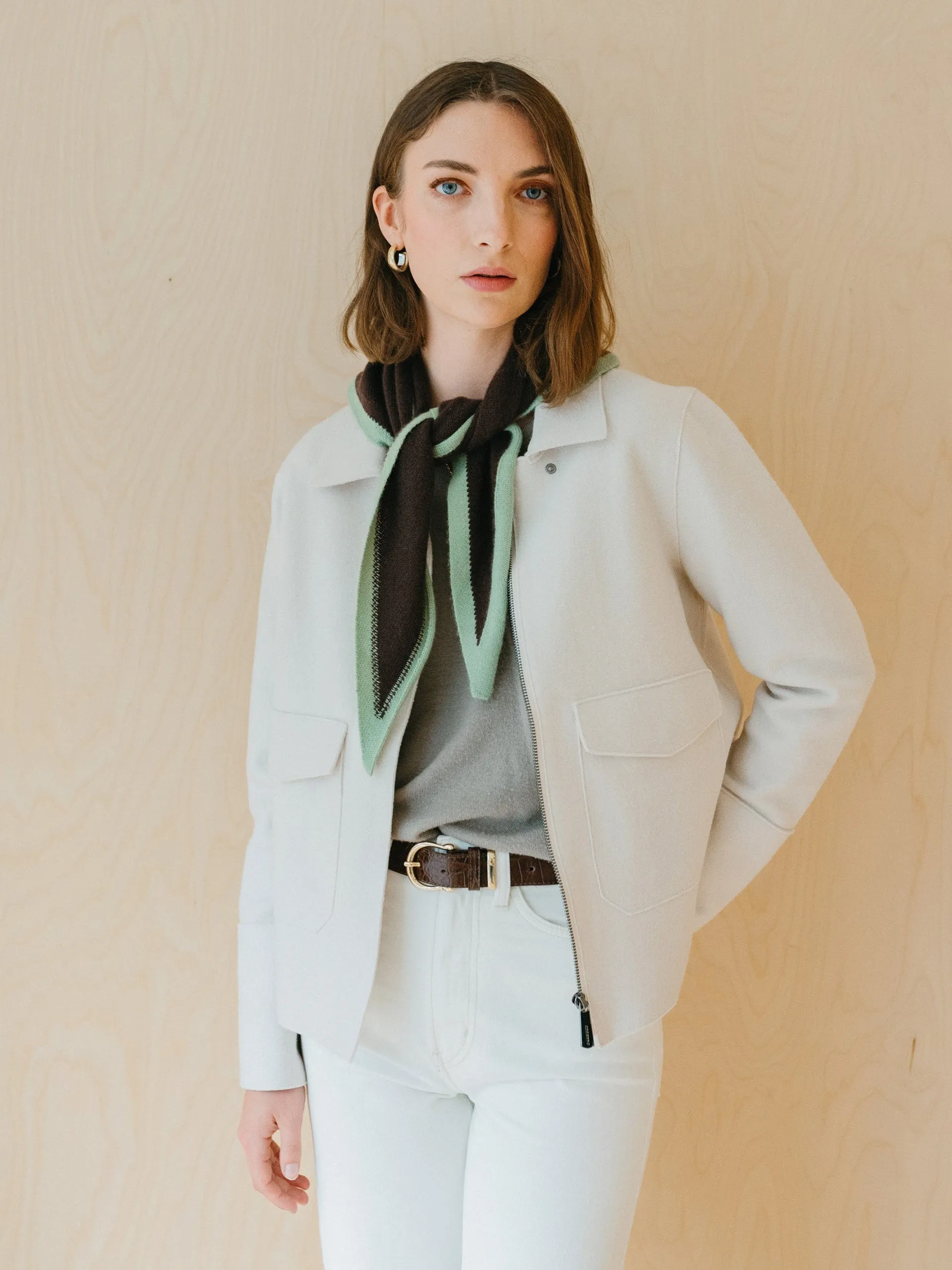 Merino triangle scarf in brown and mint