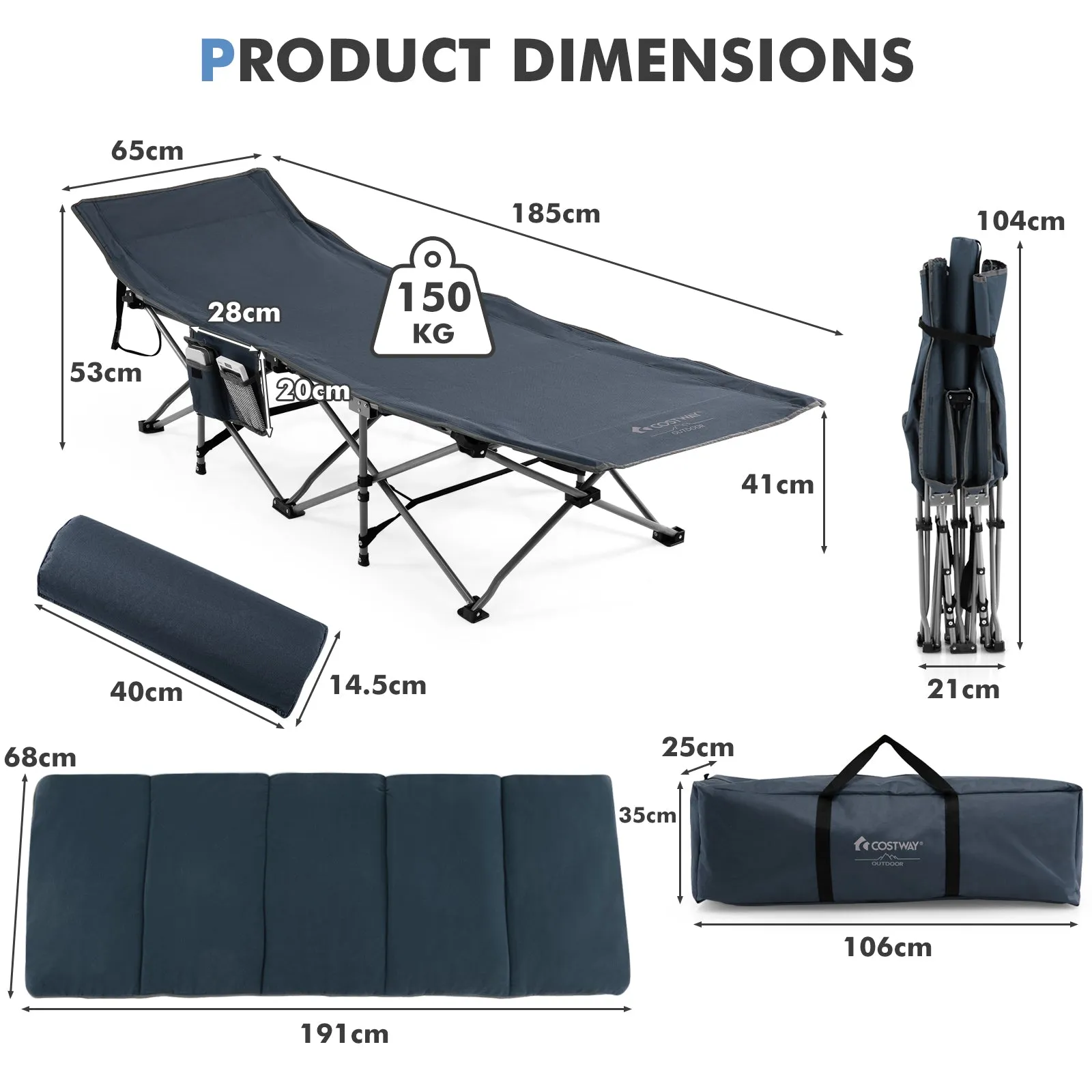 NNECW Folding Travel Camping Cot with Carry Bag Removable Mattress &amp Pillow-Blue