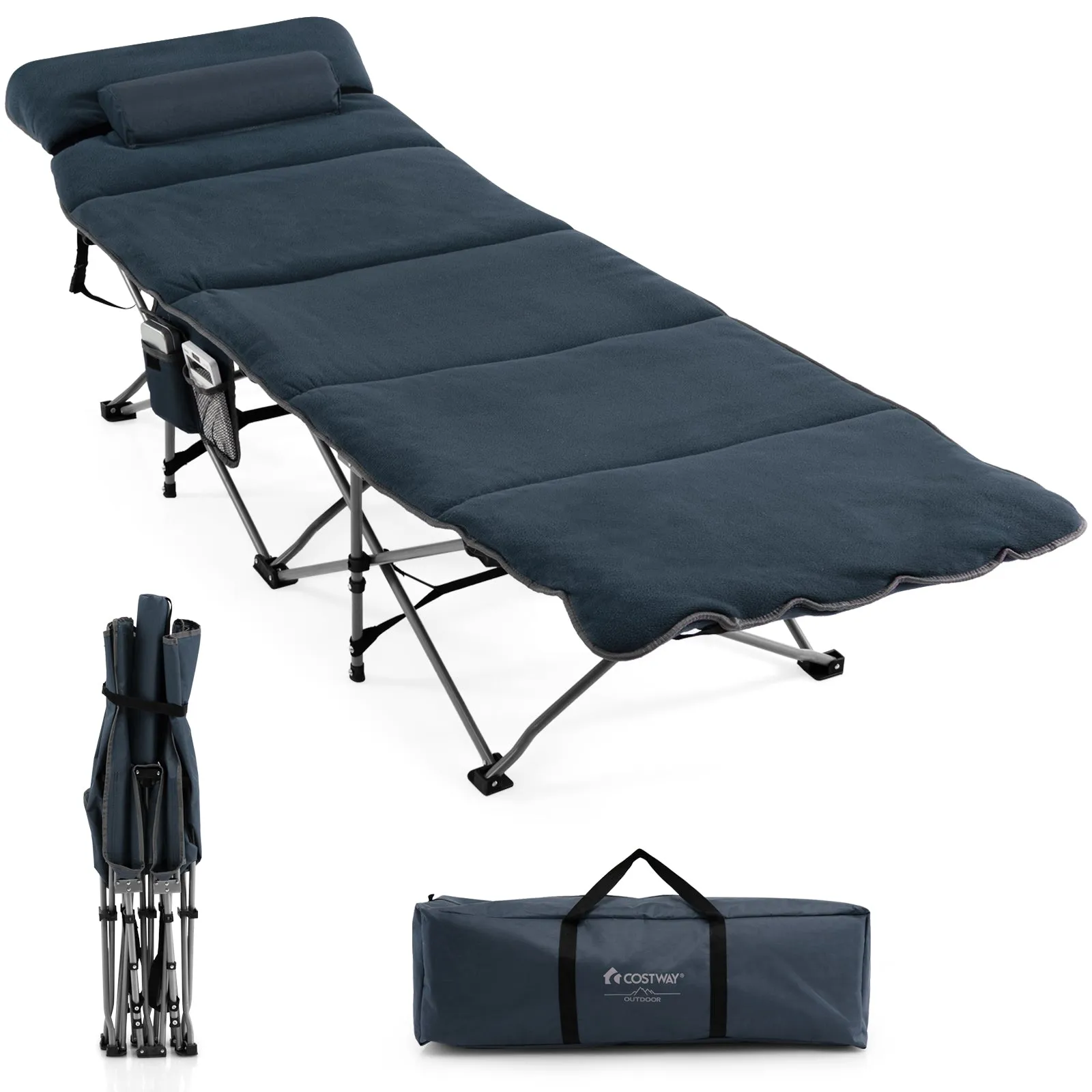 NNECW Folding Travel Camping Cot with Carry Bag Removable Mattress &amp Pillow-Blue