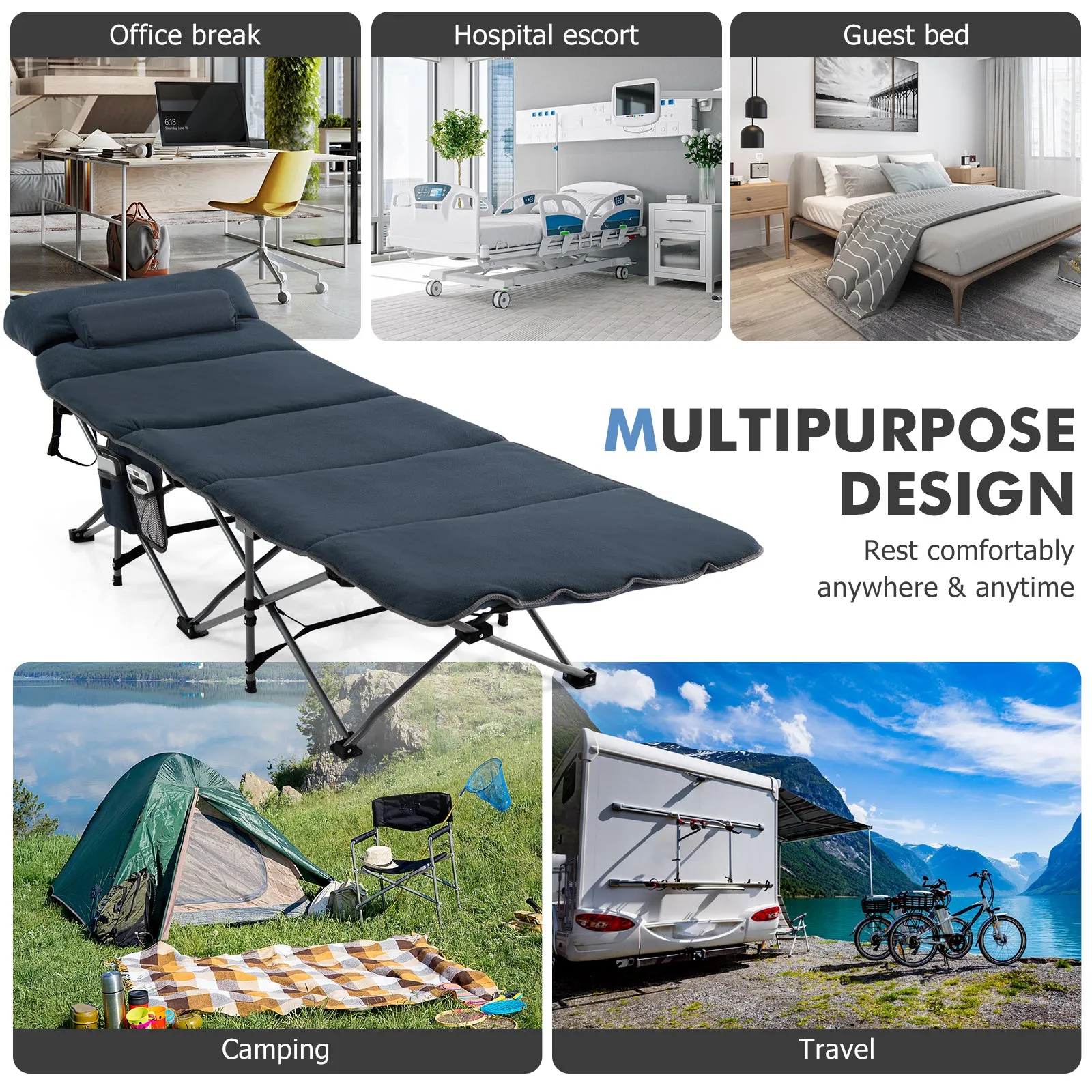 NNECW Folding Travel Camping Cot with Carry Bag Removable Mattress &amp Pillow-Blue