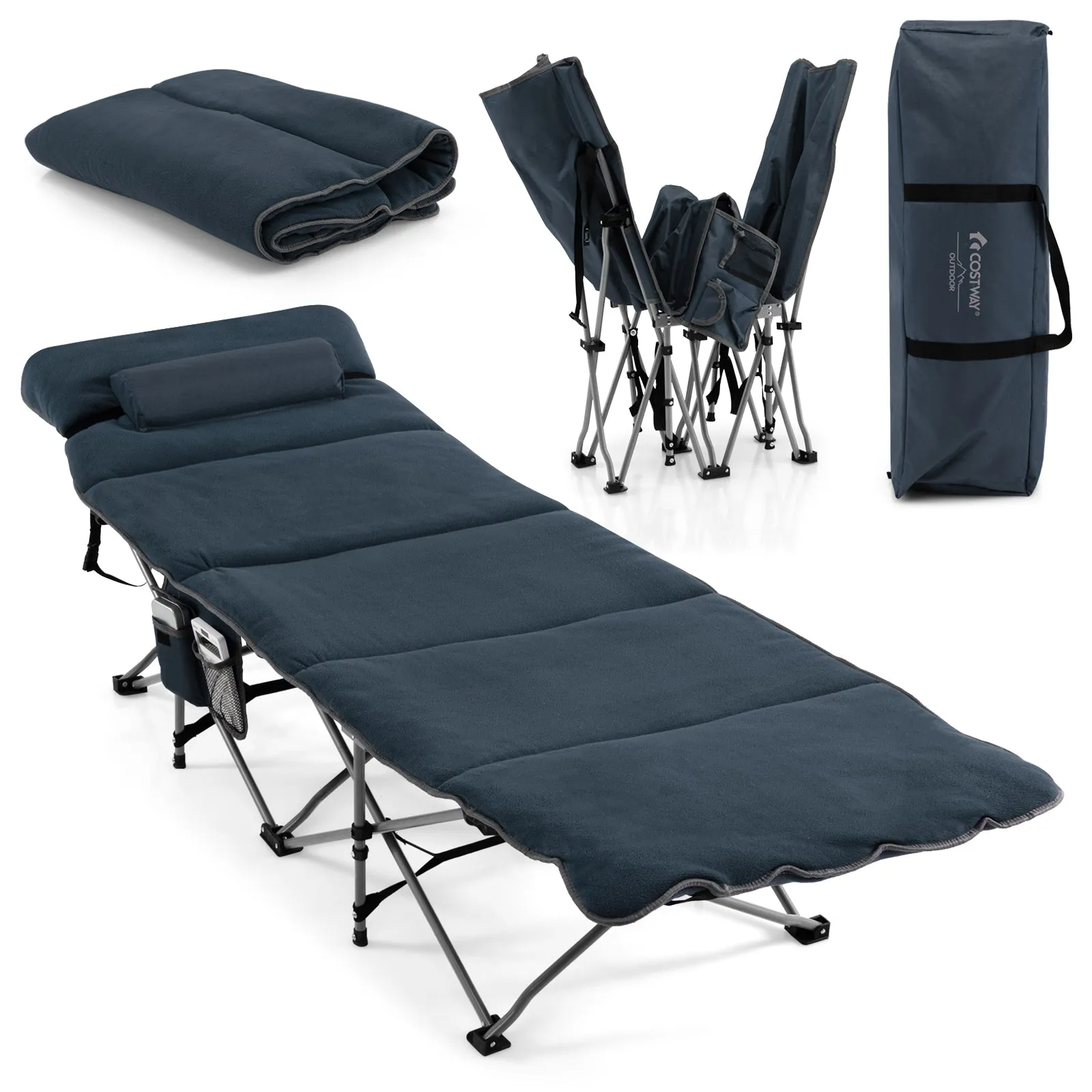 NNECW Folding Travel Camping Cot with Carry Bag Removable Mattress &amp Pillow-Blue