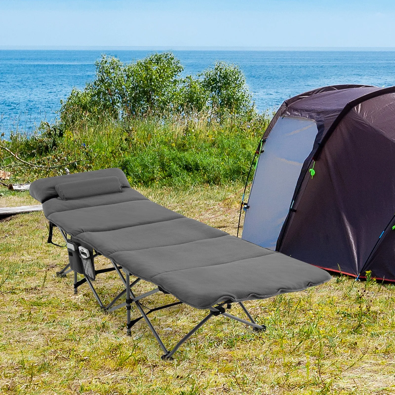 NNECW Folding Travel Camping Cot with Carry Bag Removable Mattress &amp Pillow-Grey