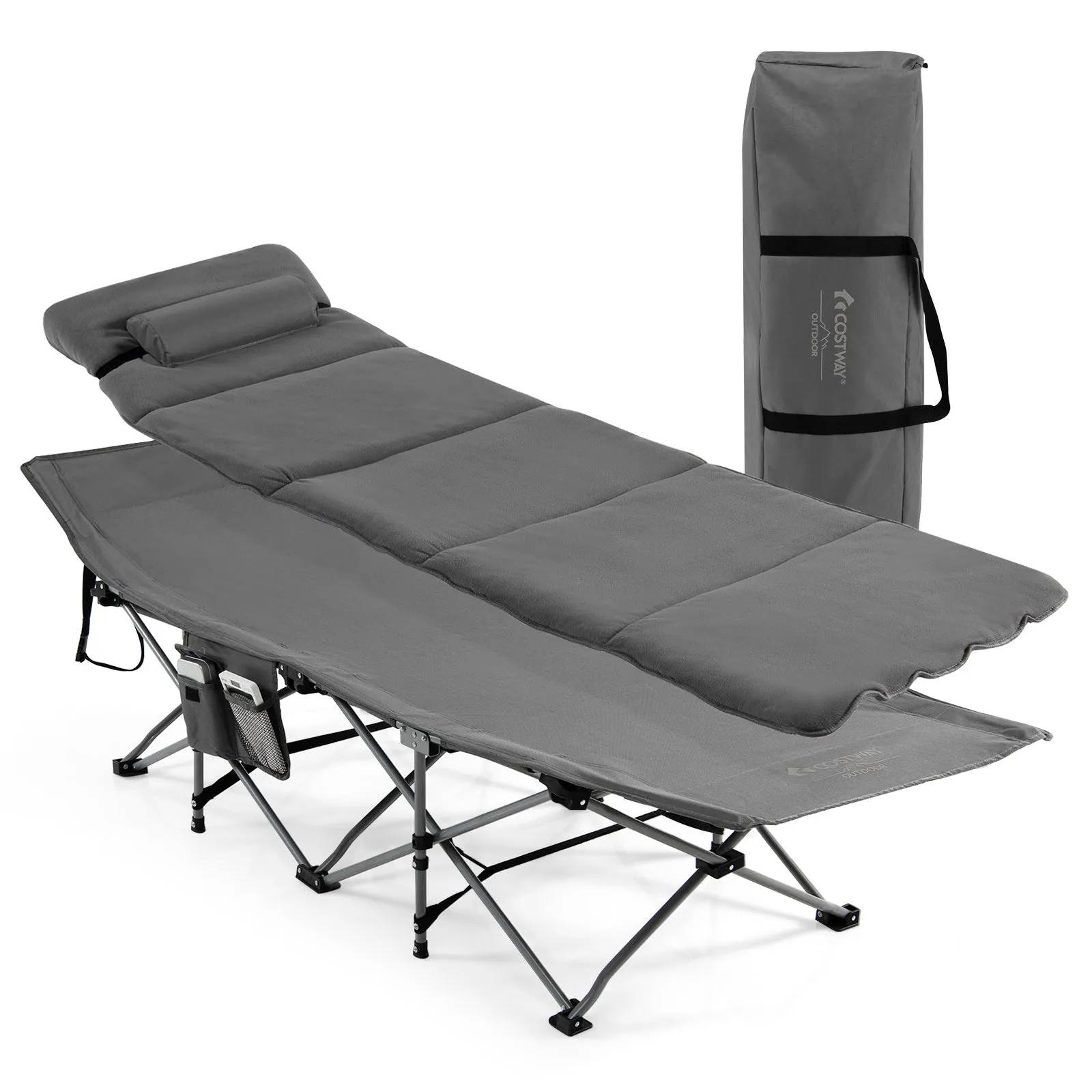 NNECW Folding Travel Camping Cot with Carry Bag Removable Mattress &amp Pillow-Grey