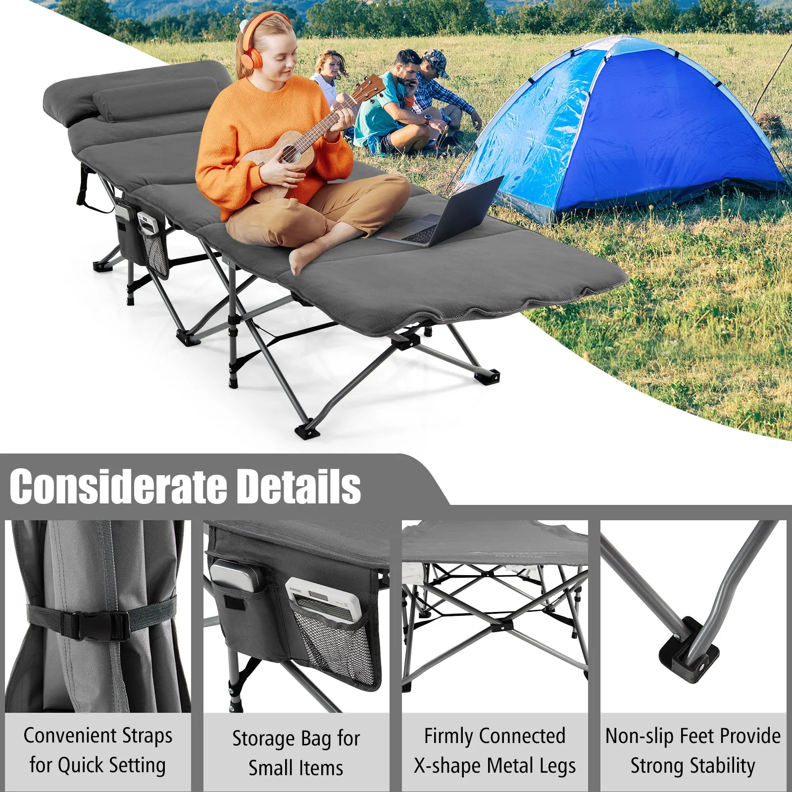 NNECW Folding Travel Camping Cot with Carry Bag Removable Mattress &amp Pillow-Grey