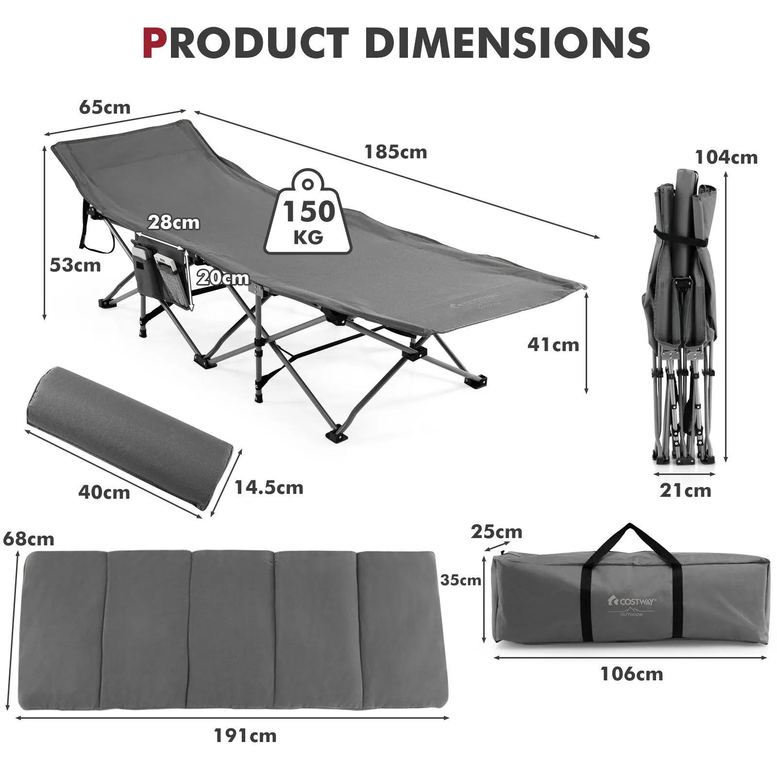 NNECW Folding Travel Camping Cot with Carry Bag Removable Mattress &amp Pillow-Grey