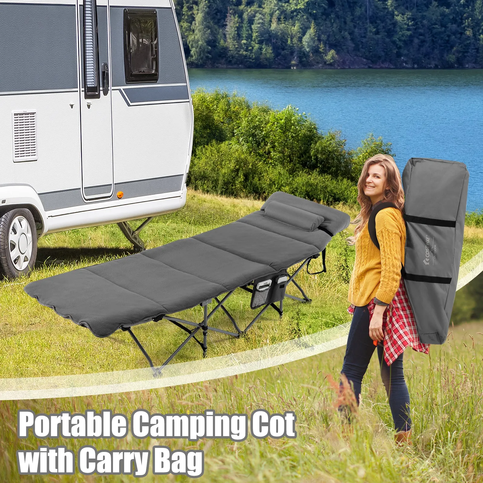 NNECW Folding Travel Camping Cot with Carry Bag Removable Mattress &amp Pillow-Grey