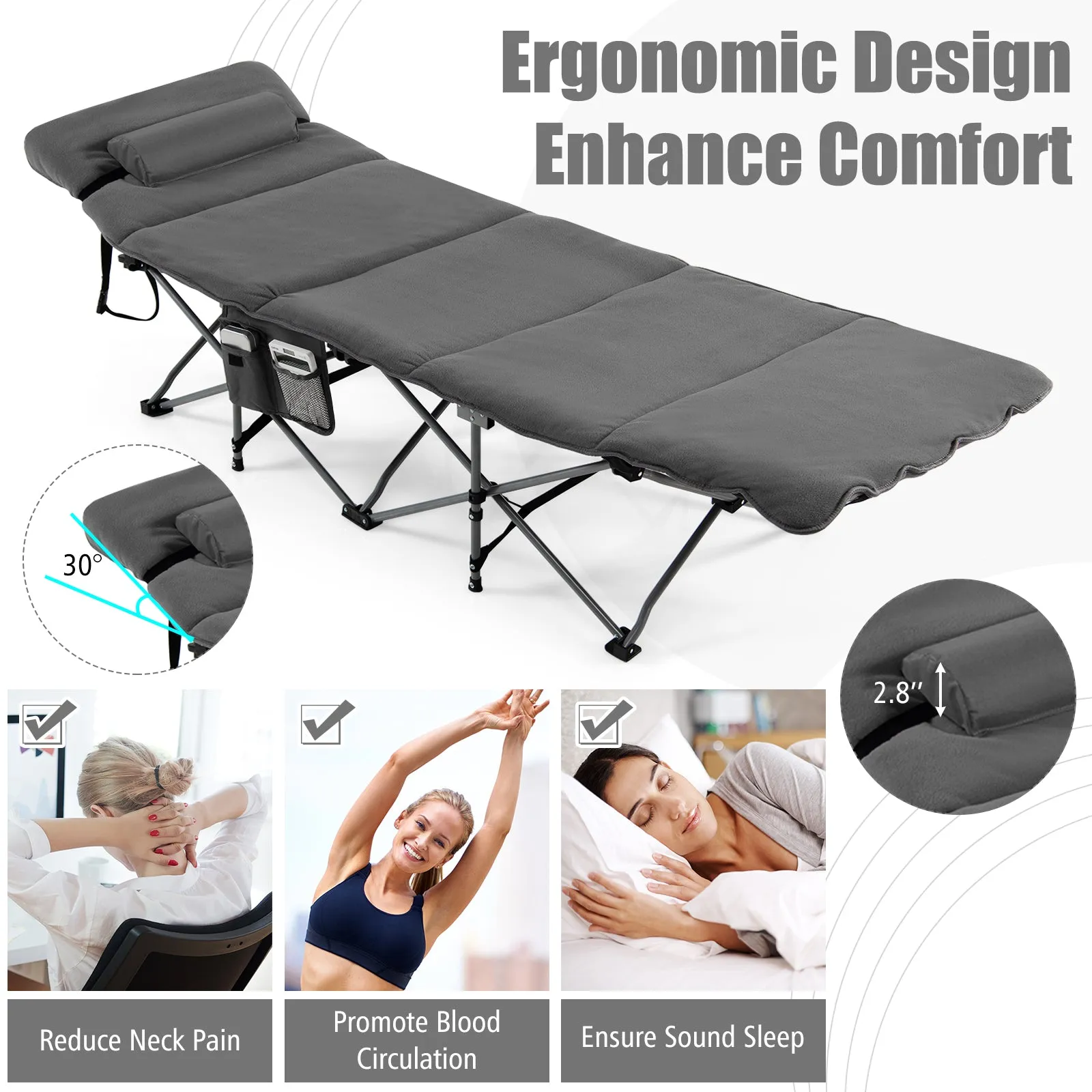 NNECW Folding Travel Camping Cot with Carry Bag Removable Mattress &amp Pillow-Grey