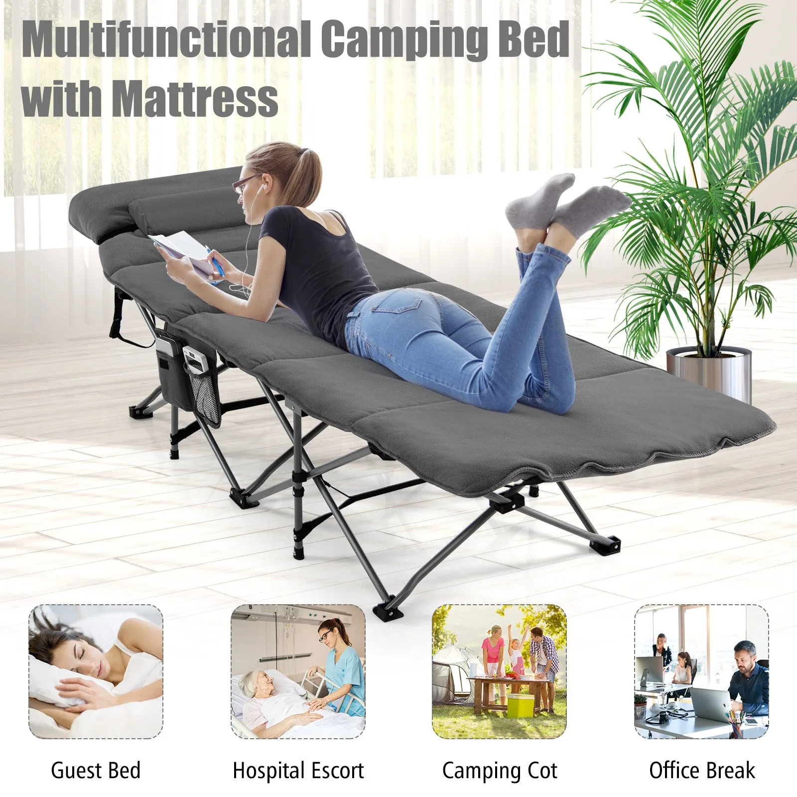 NNECW Folding Travel Camping Cot with Carry Bag Removable Mattress &amp Pillow-Grey