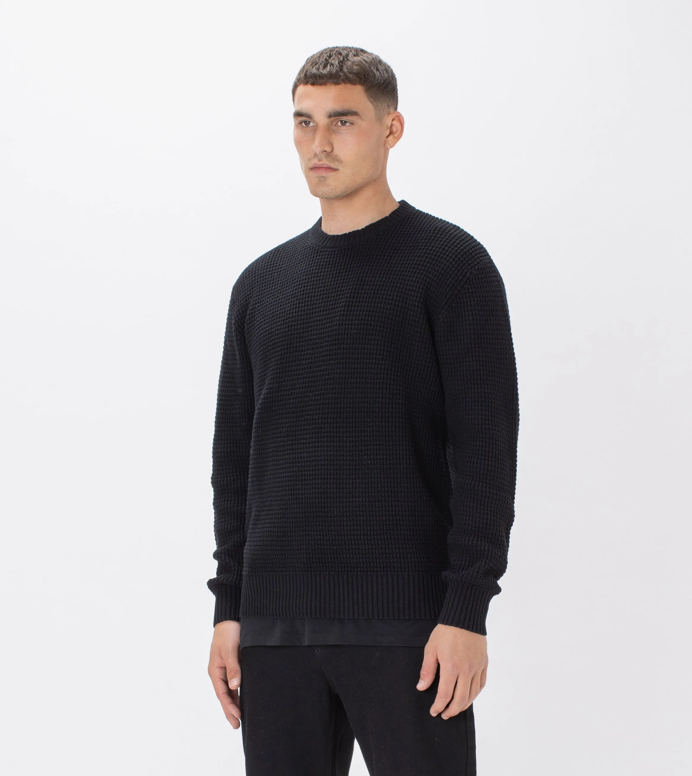 Waffle Crew Knit Black