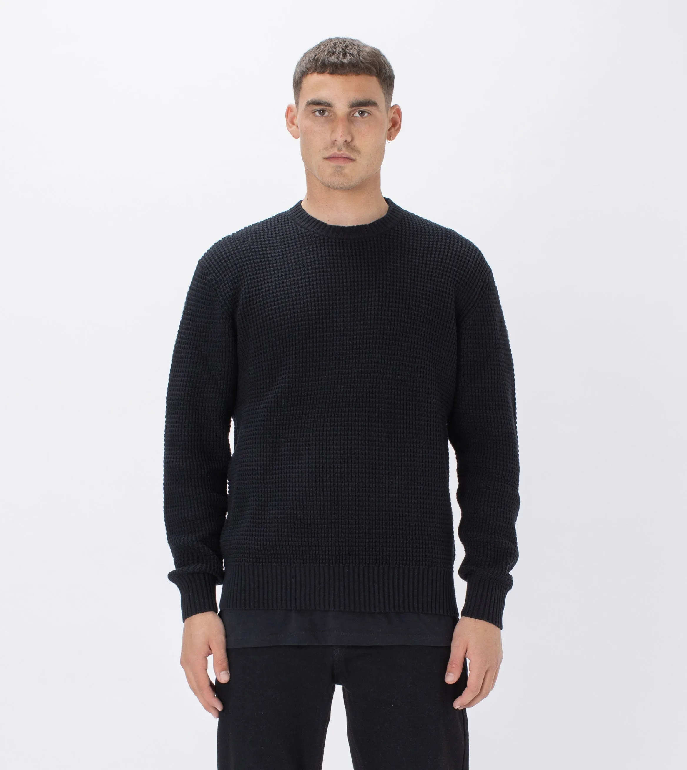 Waffle Crew Knit Black