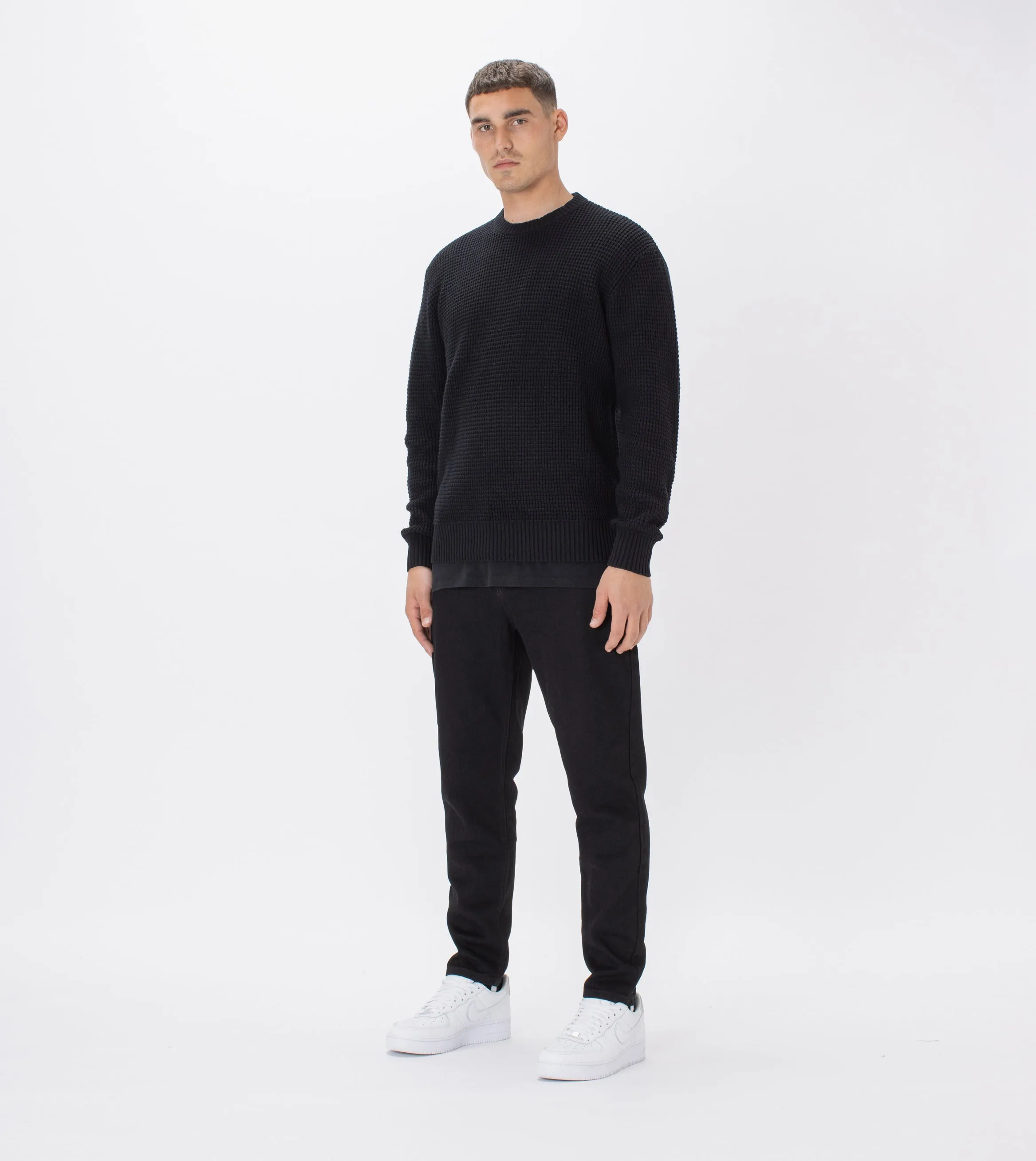 Waffle Crew Knit Black